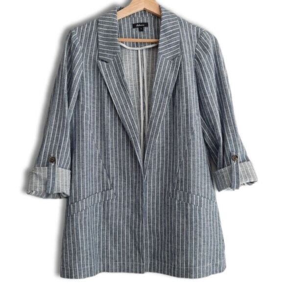 REITMANS Linen Cotton Open Front Utility Sleeve Light Blazer Jacket Blue Sz 4 - Picture 2 of 16